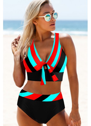 Modlily Striped Cross Strap High Waisted Bowknot Bikini Set - XXL