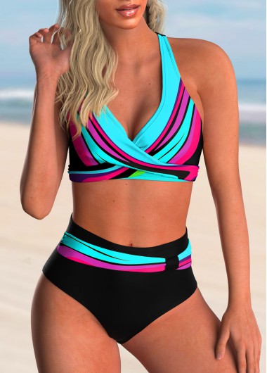 Modlily High Waisted Colorful Printed Cross Front Bikini Set - XXL