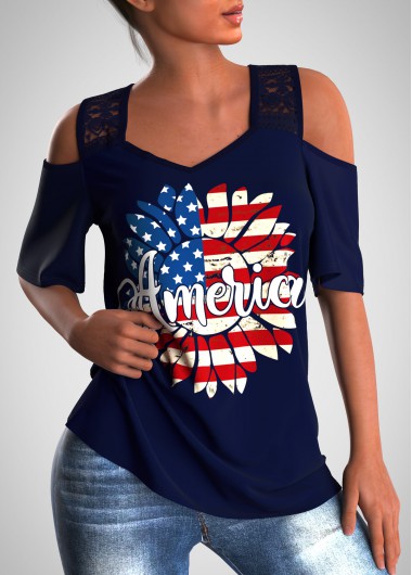 Modlily Independence Day July 4Th American Flag Print Lace Stitching Cold Shoulder American Flag Print T Shirt - S