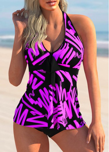 Modlily Printed Halter Bowknot Detail Tankini Set - XXL