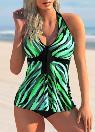 Modlily Printed Bowknot Front Halter Tankini Set - XXL