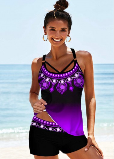 Modlily Tribal Print Strappy Back Gradient Tankini Set - XL