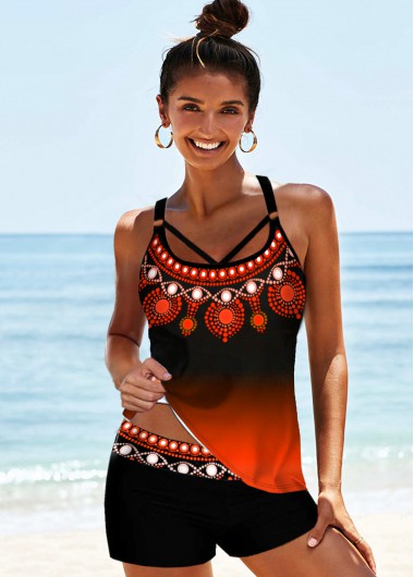 Modlily Tribal Print Strappy Back Gradient Tankini Set - S