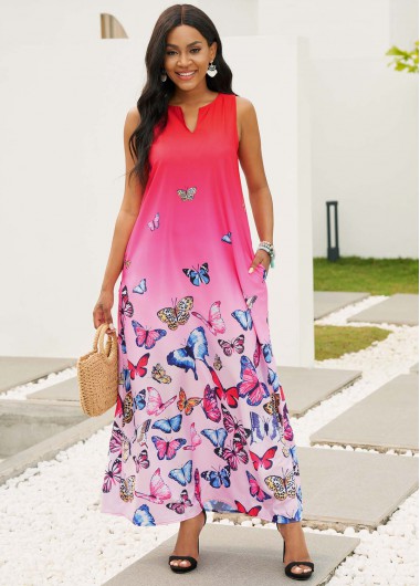 Modlily Split Neck Butterfly Print Sleeveless Maxi Dress - 5XL