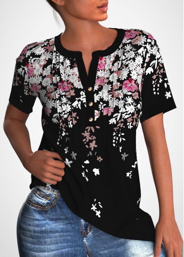 Modlily Floral Print Short Sleeve Crinkle Chest Blouse - M