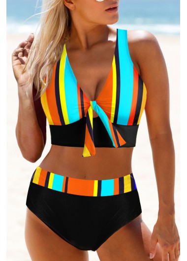 Modlily Rainbow Stripe Criss Cross Back Bikini Set - XXL