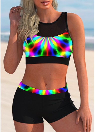 Modlily Rainbow Color Printed Mesh Stitching Bikini Set - XXL