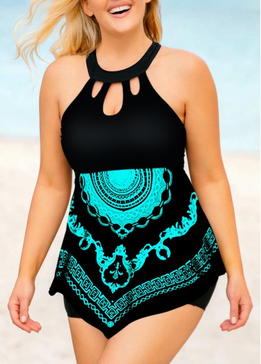 Modlily Plus Size Tribal Print Bib Neck Swimdress and Shorts - 2X