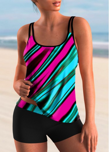 Modlily Colorful Striped Spaghetti Strap Tankini Set - M