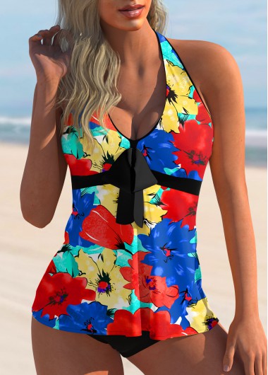 Modlily Floral Print Halter Bowknot Tankini Set - S