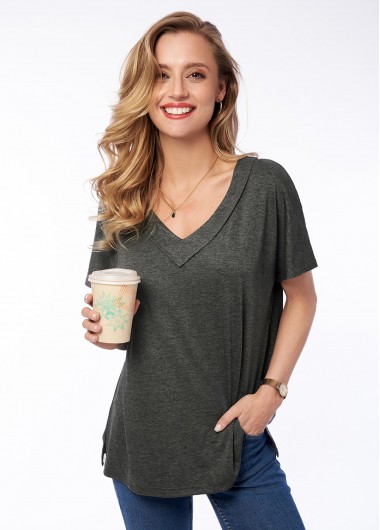 Modlily V Neck Short Sleeve Solid T Shirt - L