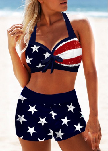 Modlily American Flag Print High Waisted Bikini Set - M