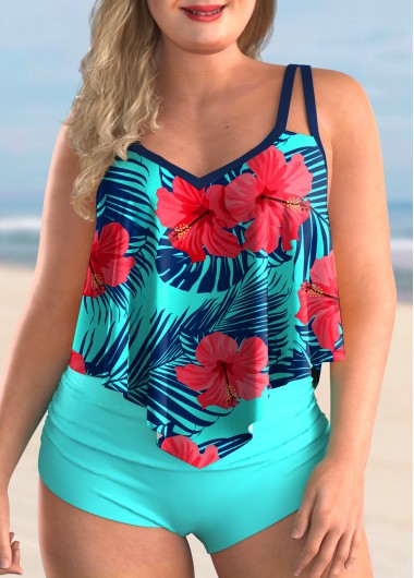 Modlily Plus Size Floral Print Asymmetric Hem Tankini Set - 3X