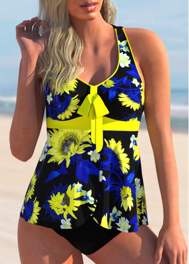 Modlily Floral Print Bowknot Cross Strap Tankini Set - S