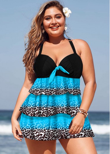 Modlily Plus Size Layered Hem Leopard Print Swimdress Top - 4X