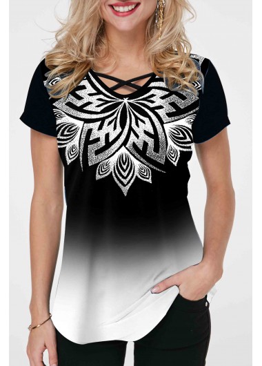 Modlily Ombre Tribal Print Cross Strap T Shirt - M