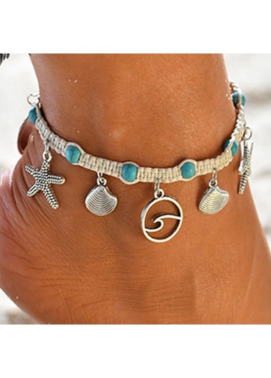 Modlily Turquoise Seashell Design Silver Metal Anklet - One Size