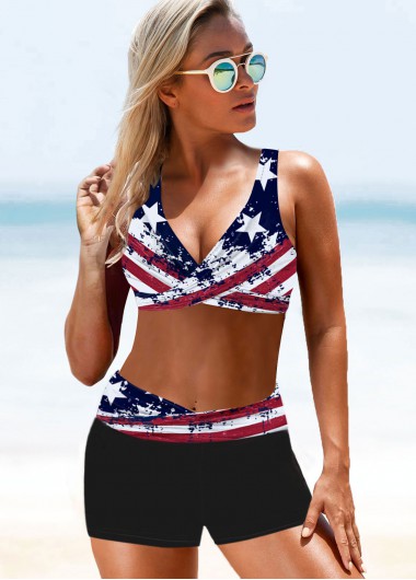 Modlily American Flag Print Lace Up High Waisted Bikini Set - XXL