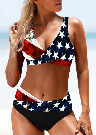 Modlily Mid Waist American Flag Print Lace Up Bikini Set - XXL