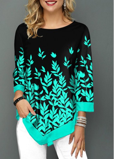 Modlily Ombre Leaf Print Asymmetric Hem Blouse - S