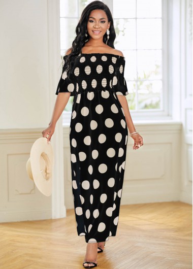 Modlily Shirred Polka Dot Off Shoulder Dress - M