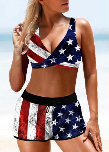 Modlily American Flag Print Cross Front Bikini Set - XXL