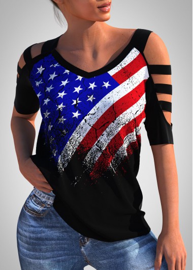 Modlily Independence Day July 4Th American Flag Print Ladder Cutout American Flag Print T Shirt - XXL