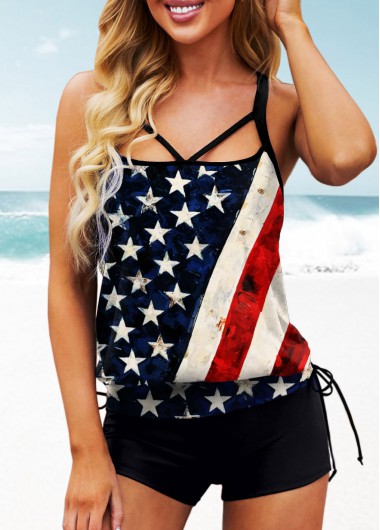 Modlily American Flag Print Blouson Tankini Set - M