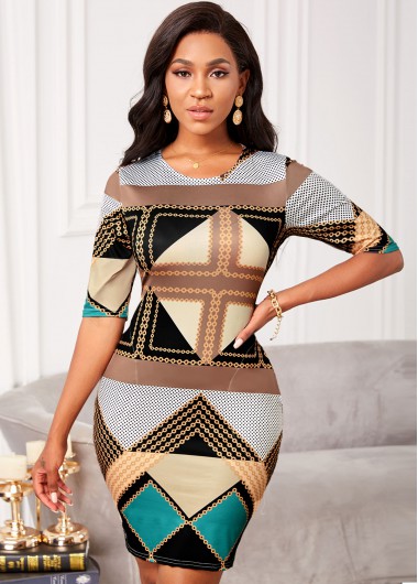 Modlily Geometric Print Round Neck Half Sleeve Dress - M