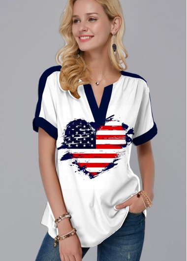 Modlily American Flag Print Split Neck Blouse - M