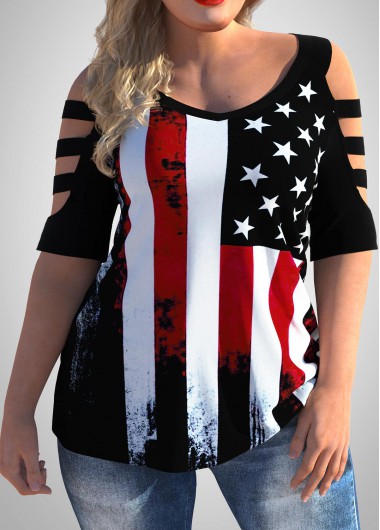 Modlily Plus Size American Flag Print Cold Shoulder T Shirt - 3X