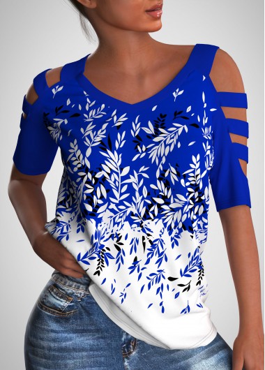 Modlily Floral Print Cold Shoulder V Neck T Shirt - S