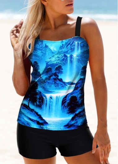 Modlily Spaghetti Strap Scape Print Tankini Set - S