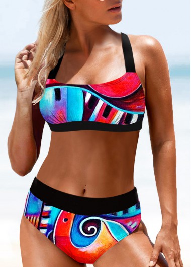 Modlily Printed Cross Strap High Waisted Bikini Set - L