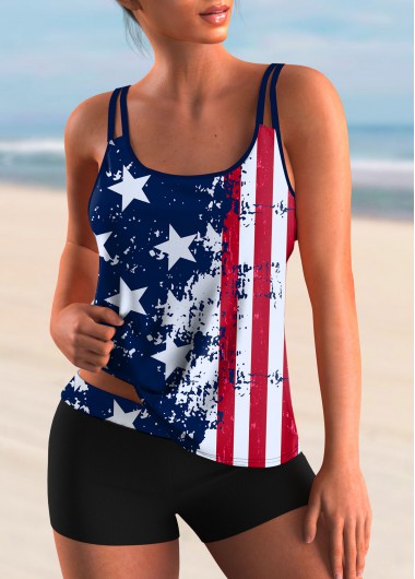 Modlily Spaghetti Strap American Flag Print Tankini Set - S