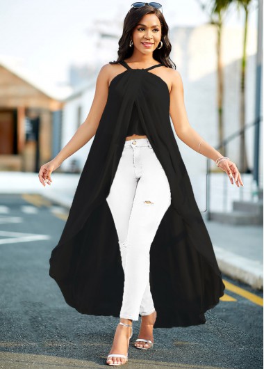 Modlily Asymmetric Hem Spaghetti Strap Black Blouse - XXL