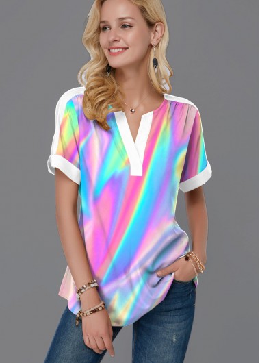 Modlily Colorful Split Neck Short Sleeve Blouse - M