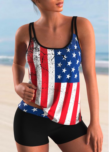 Modlily American Flag Print Spaghetti Strap Tankini Set - XL