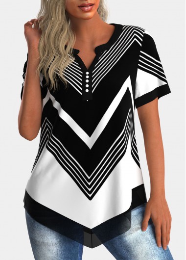 Modlily Asymmetric Hem Chiffon Panel Geometric Print Blouse - M