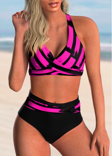 Modlily Cross Front High Waist Geometric Print Bikini Set - XXL