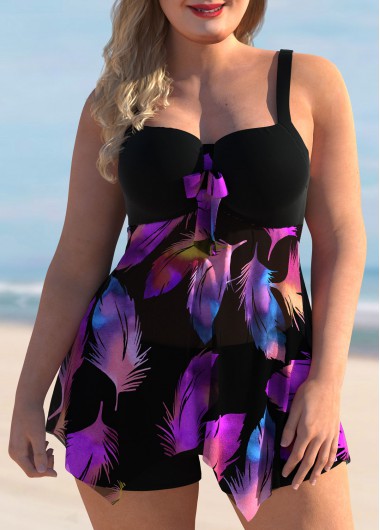 Modlily Colorful Feathers Print Bowknot Plus Size Swimdress and Shorts - 1X
