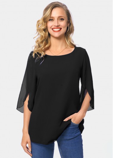 Modlily Round Neck Chiffon 3/4 Sleeve Solid Blouse - 2XL