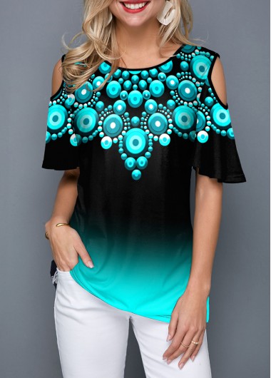 Modlily Tribal Print Cold Shoulder Half Sleeve T Shirt - S