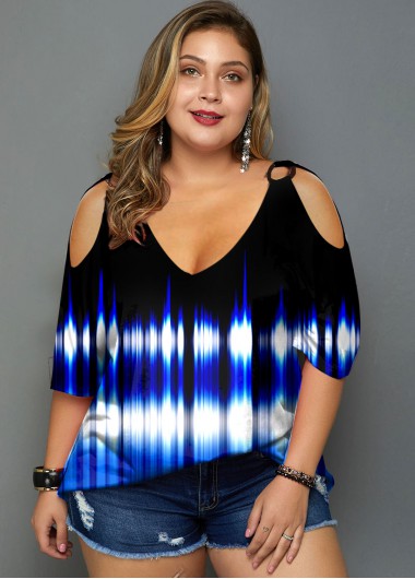 Modlily Plus Size Colorful Print Cold Shoulder T Shirt - 3X