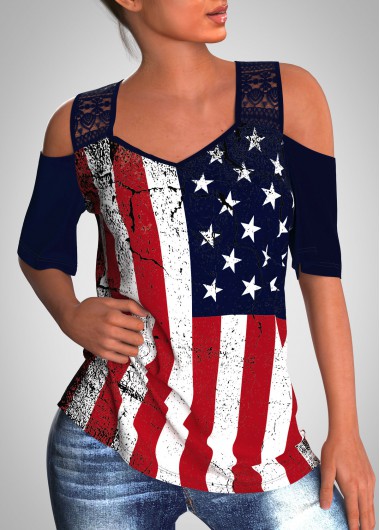 Modlily Lace Stitching Cold Shoulder American Flag Print T Shirt - XL
