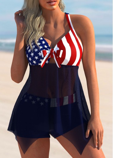 Modlily Mesh Stitching American Flag Print Swimdress and Shorts - M