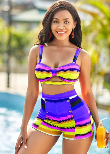 Modlily Plus Size High Waisted Colorful Geometric Print Bikini Set - 1X
