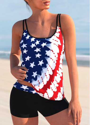 Modlily American Flag Print Spaghetti Strap Tankini Set - M