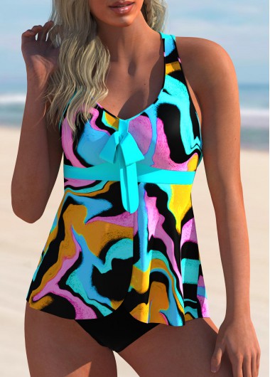Modlily Geometric Print Bowknot Criss Cross Back Tankini Set - XL