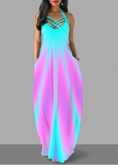 Modlily Cross Strap Colorful Halter Maxi Dress - XXL